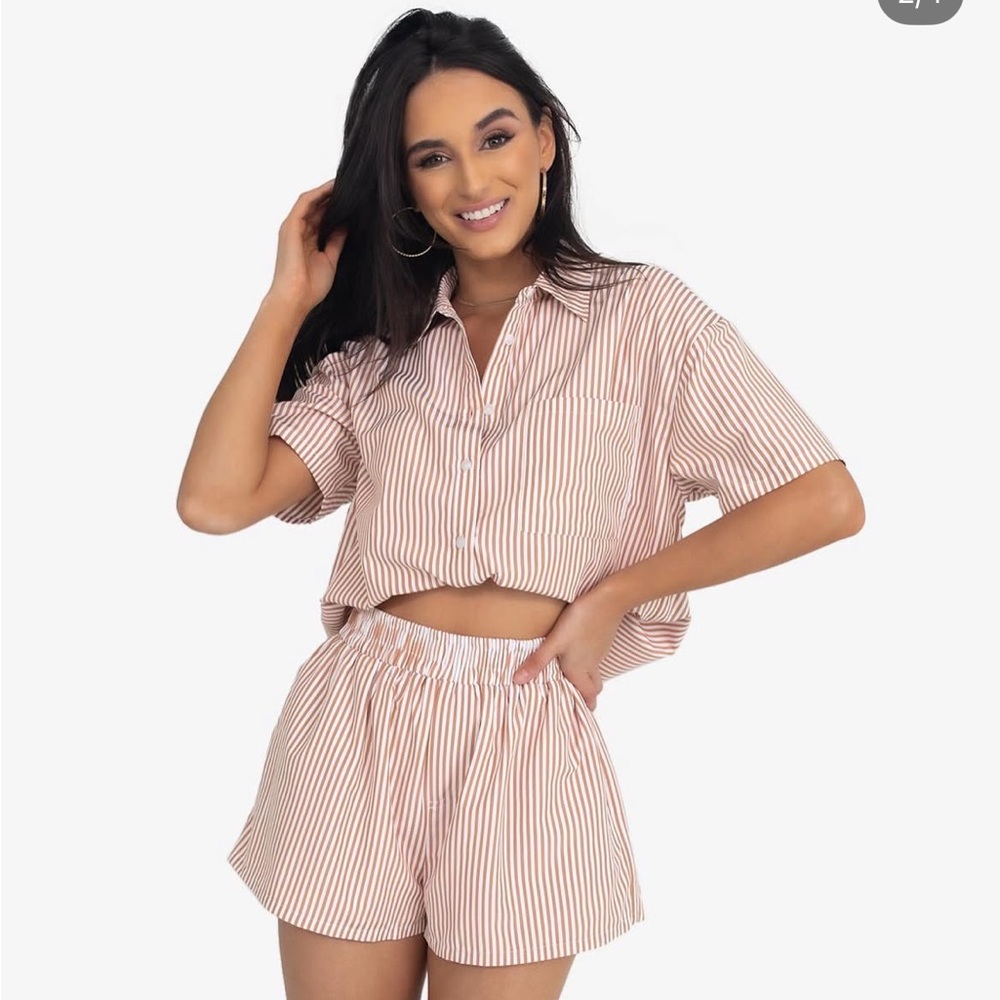Kittenish Tan and White Striped Button Down Shirt with matching shorts